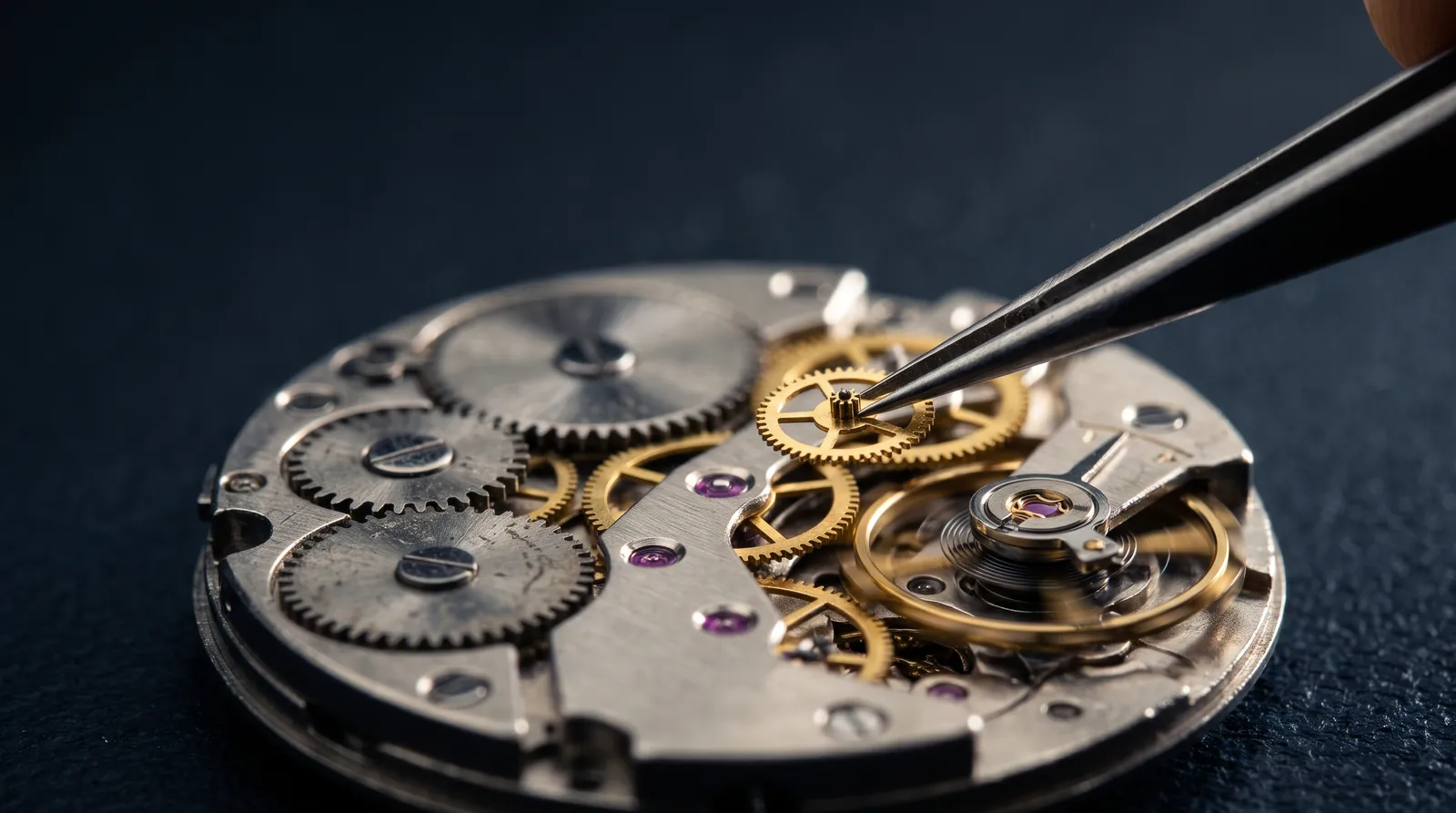 Tweezers placing a new gold gear into a watch movement, where older steel gears give way to a refined brass assembly