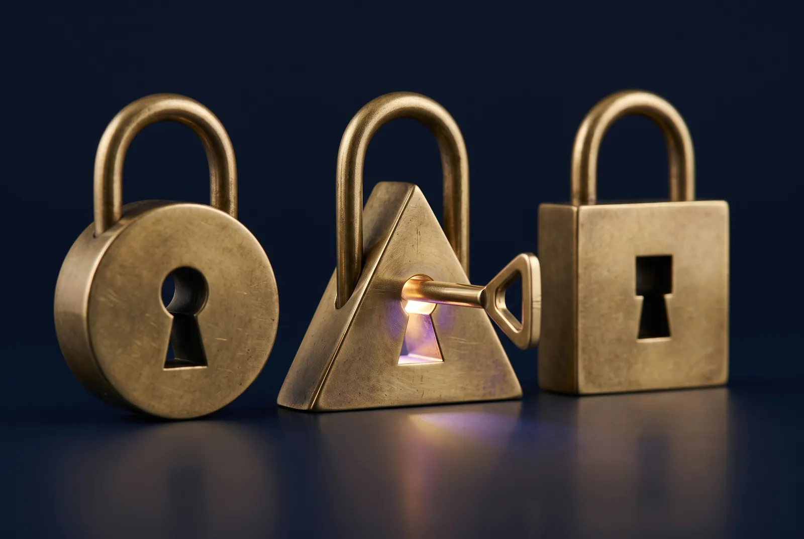 A brass key turning in a glowing triangular padlock, between an untouched round and square padlock