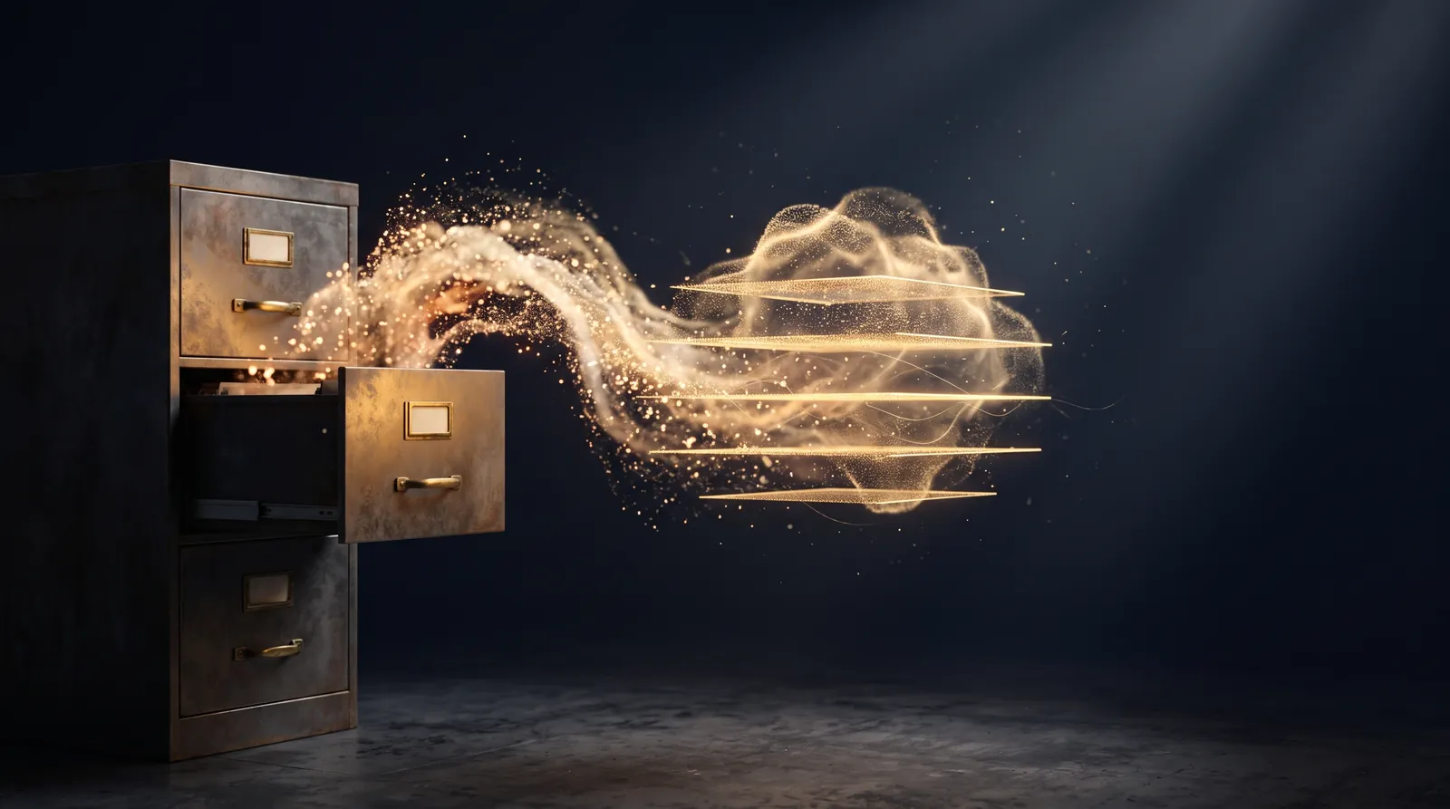 Golden data streams flowing out of an old metal filing cabinet into a luminous, layered cloud of light